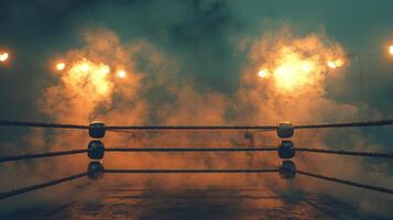 boxing ring slightly worn and illuminated by intense spotlights is enveloped in smoke heightening anticipation for the thrilling match ahead. photo