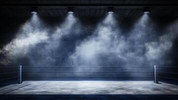 boxing ring slightly worn and surrounded by a cloud of smoke exudes an intense atmosphere as spotlights create dramatic shadows heightening the anticipation of the upcoming fight. photo