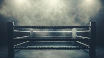 boxing ring stands ready for battle surrounded by swirling smoke and highlighted by spotlights that enhance the anticipation of the fight night. photo