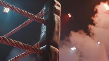 epic boxing ring stands ready for action enveloped in smoke with spotlights illuminating the worn ropes creating an electrifying atmosphere of anticipation. photo