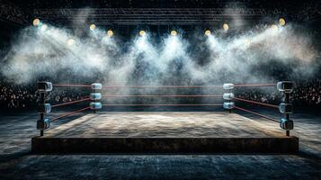 iconic boxing ring stands ready for action enveloped in smoke with dramatic lighting. The slightly worn ropes hint at fierce battles fought evoking excitement for upcoming matches. photo