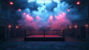 boxing ring stands ready for an intense fight enveloped in smoke under dramatic spotlights casting deep shadows and heightening the sense of anticipation. photo