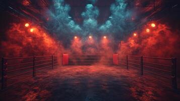 boxing ring adorned with slightly worn ropes is enveloped in smoke and illuminated by spotlights generating a palpable sense of excitement for the upcoming match. photo