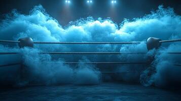 boxing ring stands ready for action encircled by thick smoke and illuminated by spotlights. The low key lighting enhances the anticipation of the upcoming match. photo