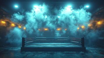 epic boxing ring stands ready for action enveloped in smoke and illuminated by spotlights. Low key lighting and worn ropes enhance the intense anticipation of the Fight Night event. photo