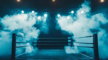 boxing ring is set for an intense matchup surrounded by smoke and illuminated by soft overhead lights creating an atmosphere of suspense and excitement. photo