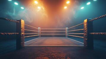 boxing ring stands ready for action surrounded by moody lighting and swirling smoke that heighten the anticipation of the upcoming fight photo