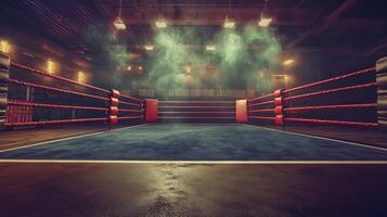 boxing ring is set for an intense match surrounded by soft lighting and smoke that enhances the tension in the air. The worn ropes and shadows add to the dramatic ambiance. photo