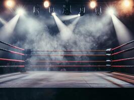 boxing ring is set for action surrounded by swirling smoke and enveloped in dramatic low key lighting creating an electrifying Fight Night mood for the audience. photo