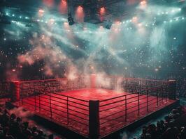 Bright overhead spotlights illuminate a boxing ring surrounded by swirling smoke enhancing the intense atmosphere as the audience watches in anticipation. photo
