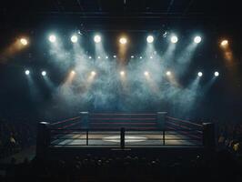 boxing ring is brightly lit with overhead spotlights creating a dramatic effect as smoke swirls around. The darkened audience adds to the intense fight night ambiance. photo