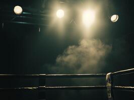 boxeo anillo es dramáticamente iluminado por gastos generales focos rodeado por arremolinándose fumar creando un intenso atmósfera como el audiencia permanece en oscuridad anticipando el luchar. foto