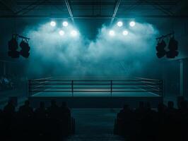 Bright overhead spotlights highlight a boxing ring in a dim venue creating an intense atmosphere filled with smoke and anticipation from the audience. photo
