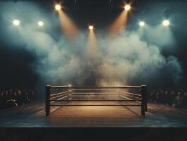 Bright overhead lights illuminate a boxing ring surrounded by swirling smoke setting a dramatic tone. The dark audience adds to the intense Fight Night atmosphere ready for action. photo