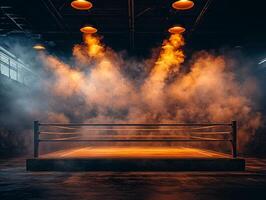 boxing ring surrounded by swirling smoke and illuminated by bright spotlights creates a dramatic atmosphere enhancing the thrill of the upcoming match in a darkened venue. photo