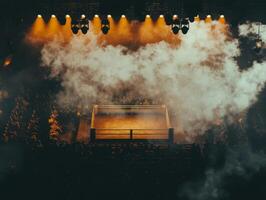 boxing ring is illuminated by overhead spotlights surrounded by swirling smoke and a darkened audience evoking an exciting Fight Night atmosphere. photo