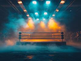 boxing ring sits under intense spotlights surrounded by swirling smoke as a darkened audience awaits the upcoming bout enhancing the electrifying atmosphere. photo