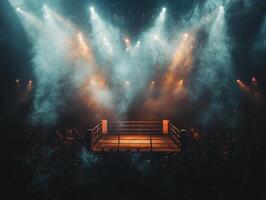 boxing ring brightly lit by overhead spotlights captivates with swirling smoke and a shadowy crowd embodying the excitement of a thrilling Fight Night event. photo
