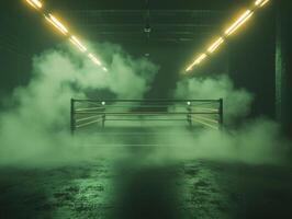 dimly lit boxing ring is shrouded in thick fog with overhead lights struggling to cut through the smoke. The atmosphere is charged with anticipation for the upcoming fight. photo