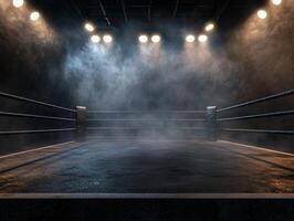 boxing ring is enveloped in thick fog with dim overhead lights casting a gritty ambiance creating a tense atmosphere perfect for Fight Night excitement. photo