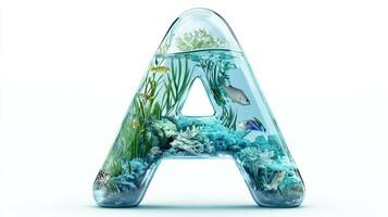 stunning representation of the letter A made from transparent glass, showcasing a lively underwater ecosystem with colorful fish and vibrant plants, isolated against a white backdrop. photo