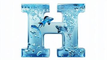 letter H showcases a realistic glass texture intricately filled with water and lively fish creating a captivating aquarium effect on a pristine white background. photo
