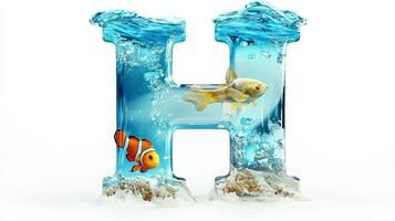 artistic representation of the letter H showcases a glass texture filled with water and colorful fish creating an enchanting underwater atmosphere. Ideal for decorative displays. photo