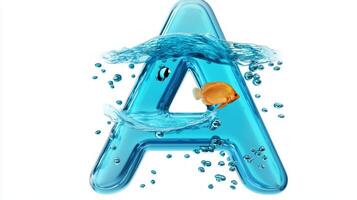 letter A showcases a striking glass texture, filled with water and colorful fish, creating a charming and imaginative underwater scene that captivates the eye. photo
