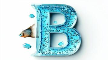 artistic rendition features the letter B, crafted from clear glass, filled with enchanting water and playful fish, set against a clean white background, inspiring joy and creativity. photo