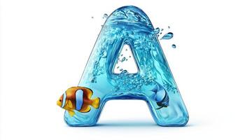 letter A is crafted from glass, displaying vibrant fish swimming in clear water, creating an enchanting aquarium effect against a white background. photo