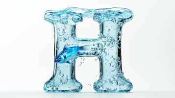 captivating letter H is crafted from transparent glass filled with water and adorned with lively fish. The refreshing aquatic design creates a unique and artistic representation of the alphabet. photo