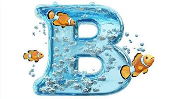 cartoon-style letter B crafted from clear glass showcases water and lively fish swimming inside. This artistic representation brings a sense of fun and freshness to any space. photo