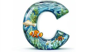 letter C is designed with a transparent glass texture, showcasing a lively aquarium filled with playful fish and underwater greenery, set against a pure white background. photo