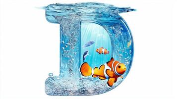 playful representation of the letter D features a glass texture filled with water and colorful fish, creating a whimsical underwater atmosphere that captures the imagination. photo