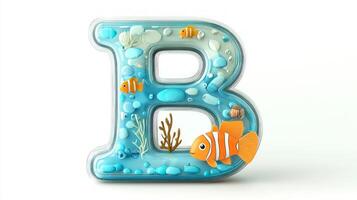 playful and artistic representation of the letter B crafted from glass, showcasing an enchanting aquarium filled with colorful fish and bubbles, evoking a sense of underwater wonder. photo