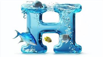 artistic representation features a striking letter H crafted from glass filled with water and vibrant fish swimming within photo