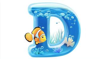 letter D comes to life as a colorful aquarium, showcasing lively fish swimming among aquatic plants and bubbles in a whimsical, cartoon-style design. photo