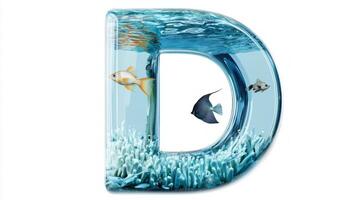 captivating glass letter D filled with water and colorful fish creates a whimsical aquarium effect, bringing a touch of aquatic charm against a clean white backdrop. photo
