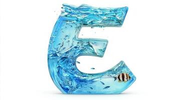 beautifully crafted letter E showcases a mesmerizing aquarium filled with shimmering water and lively fish, brilliantly displayed against a clean white backdrop. photo