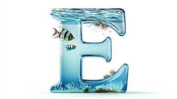 mesmerizing glass letter E reveals a miniature aquarium filled with colorful fish and vibrant corals, creating a unique fusion of typography and marine life against a clean white background. photo