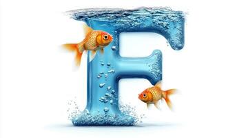 letter F is beautifully crafted with a glass-like finish, filled with clear water and lively fish swimming around, showcasing creativity in a bright setting. photo