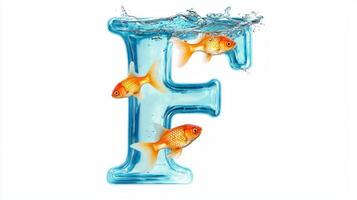 letter F showcases a captivating design, resembling a glass aquarium. Inside, golden fish swim gracefully among rippling water, creating a serene aquatic display. photo