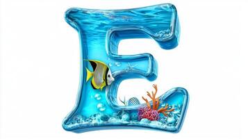 vibrant Letter E floats in a transparent glass texture, filled with clear water, playful fish, and lively coral, creating an enchanting aquarium look that dazzles. photo