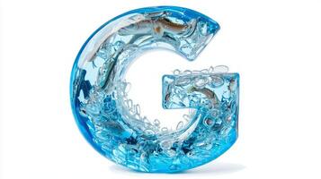 stunning letter G crafted from glass reveals a captivating aquatic scene, with colorful fish swimming amidst bubbles, all set against a clean white background. photo