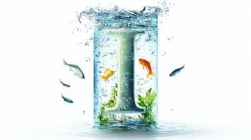 Within a crystal-clear glass structure resembling the letter I, vibrant fish swim gracefully among aquatic plants, creating a tranquil underwater scene, all set against a pure white backdrop. photo