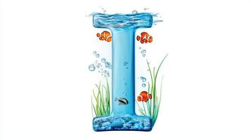 artistic representation of the letter I creatively showcases an aquarium filled with colorful fish, bubbles, and aquatic plants, all enclosed in a playful glass design. photo