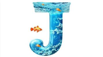 captivating glass letter J showcases an enchanting underwater world, featuring vibrant fish swimming through crystal-clear water, all on a striking white backdrop. photo