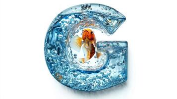 stunning glass representation of the letter G captures lively fish swimming through crystal clear water, creating a mesmerizing aquarium effect on a white backdrop. photo