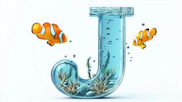 stunning representation of the letter J, crafted from glass and filled with water, reveals colorful fish swimming gracefully among aquatic plants and coral structures. photo