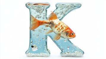 stunning depiction of the letter K in transparent glass filled with water and colorful fish, showcasing a playful aquatic habitat, creatively isolated on a white backdrop. photo